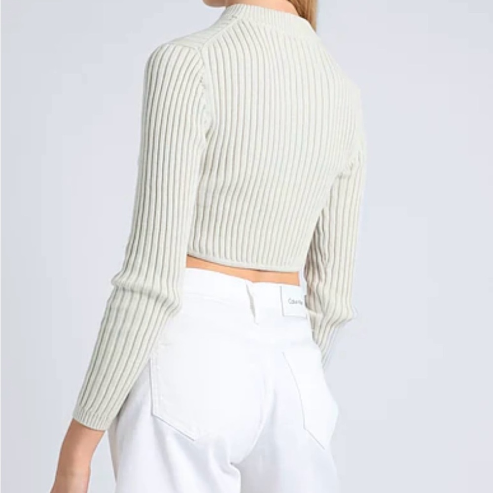 Calvin Klein Beige Ribbed Cropped Long Sleeve Top Sweater - Picture 2 of 8